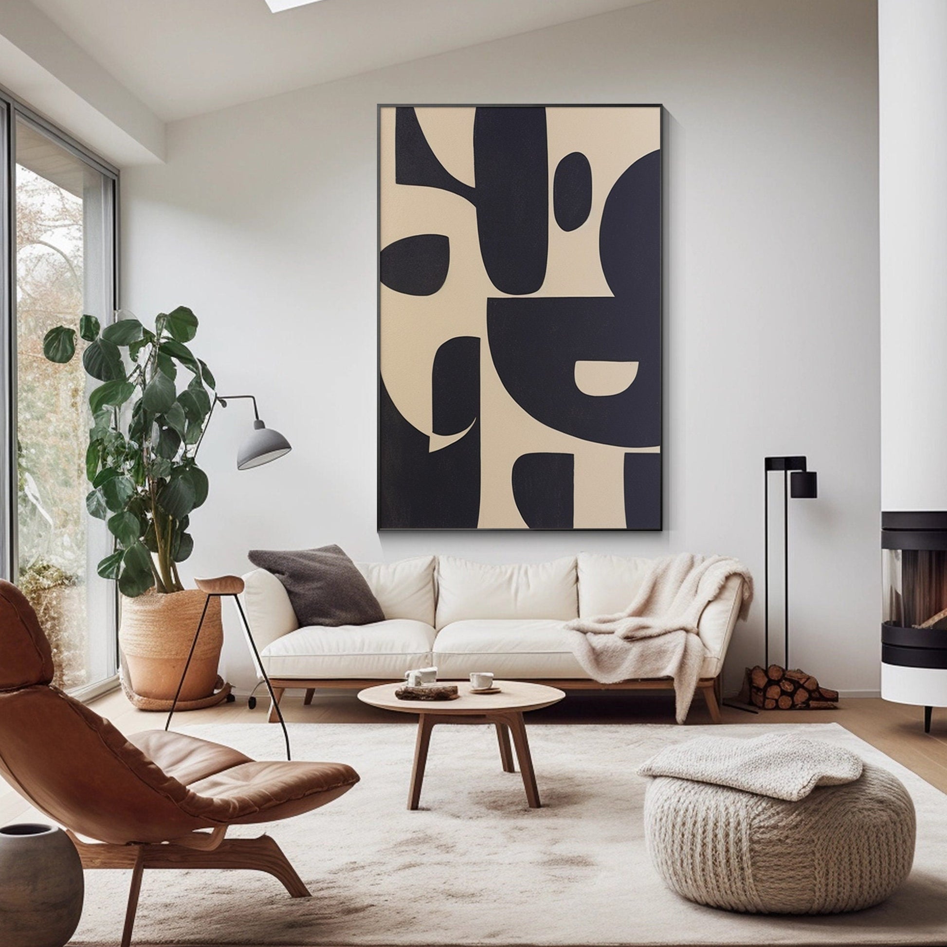 Black Beige Geometric Texture Art: Extra Large Minimalist Canvas Painting #1