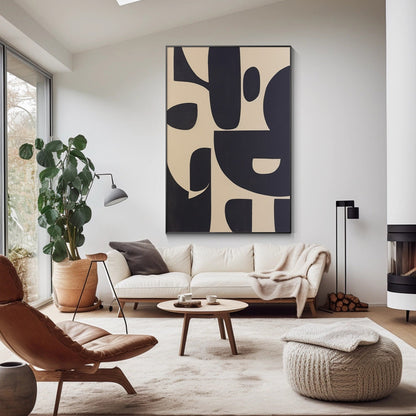 Black Beige Geometric Texture Art: Extra Large Minimalist Canvas Painting #1