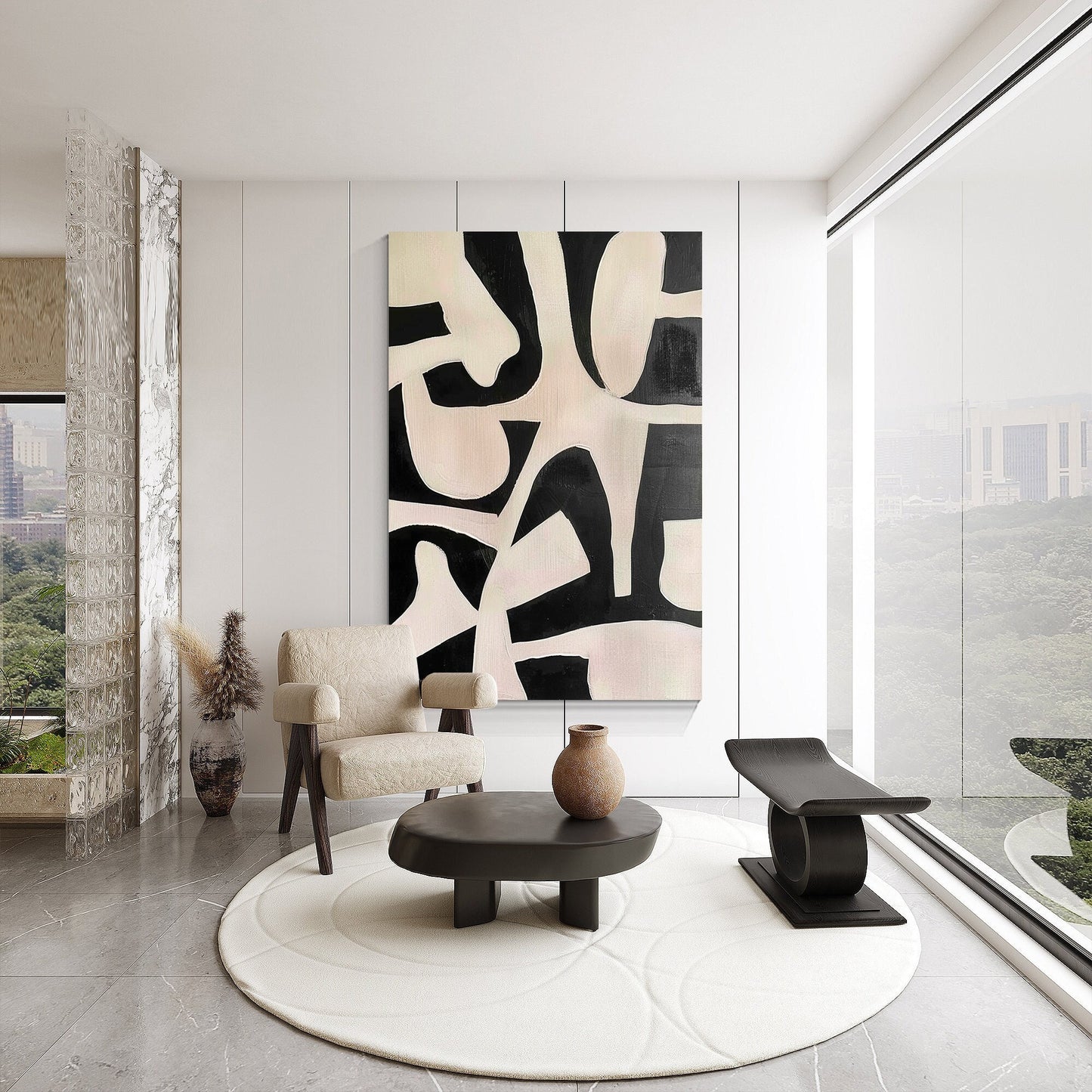 Black Beige Geometric Texture Art: Modern Minimalist Acrylic Painting #1