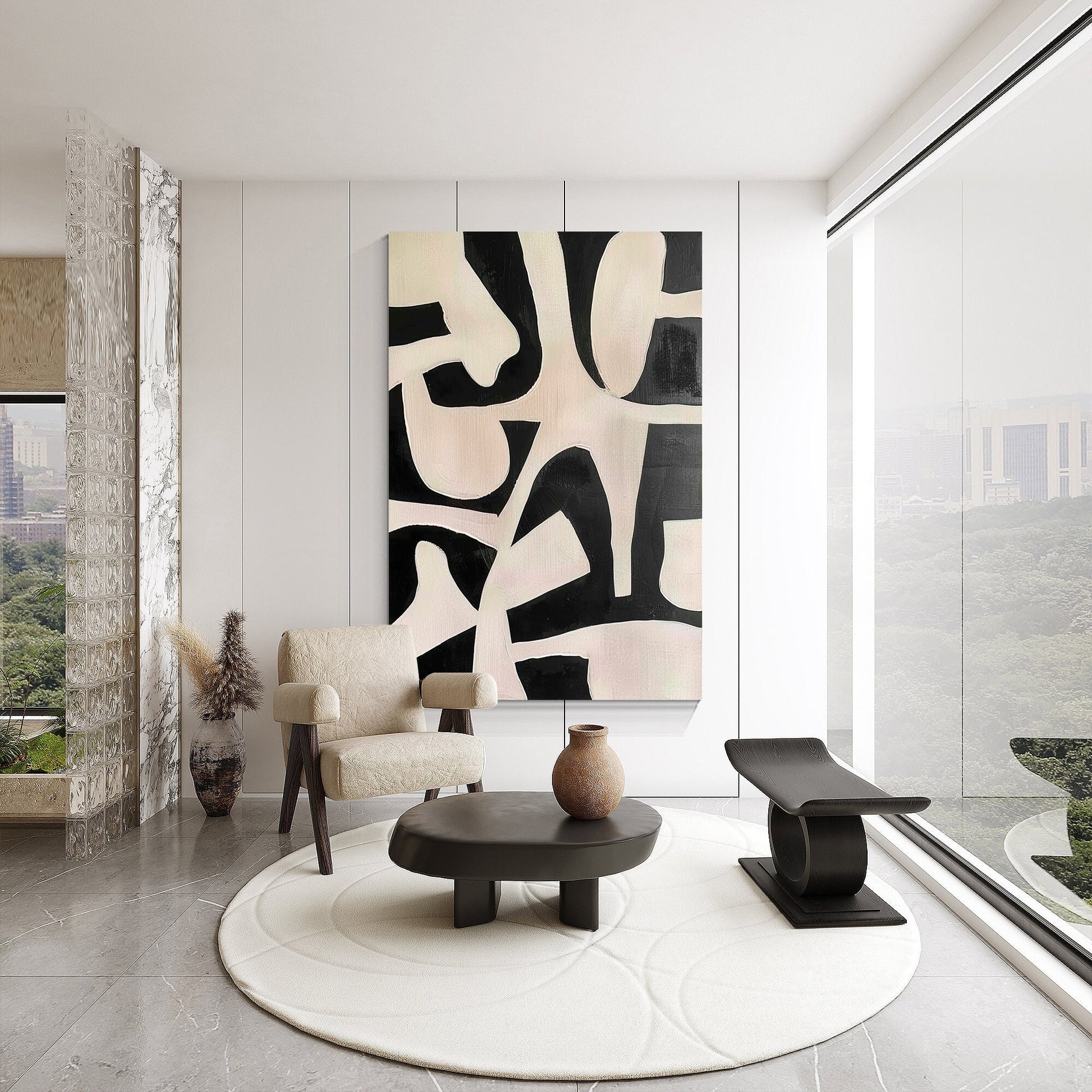Black Beige Geometric Texture Art: Modern Minimalist Acrylic Painting #1