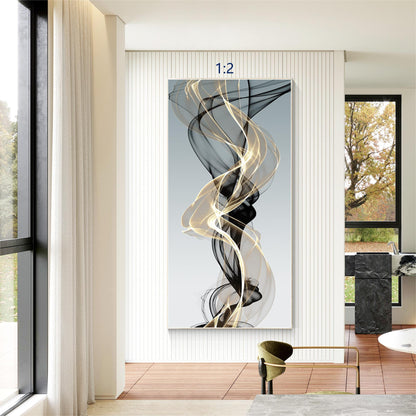 Black Gold Abstract Wall Art Vertical Canvas, Modern Swirl Ribbon Artwork, Luxur #2