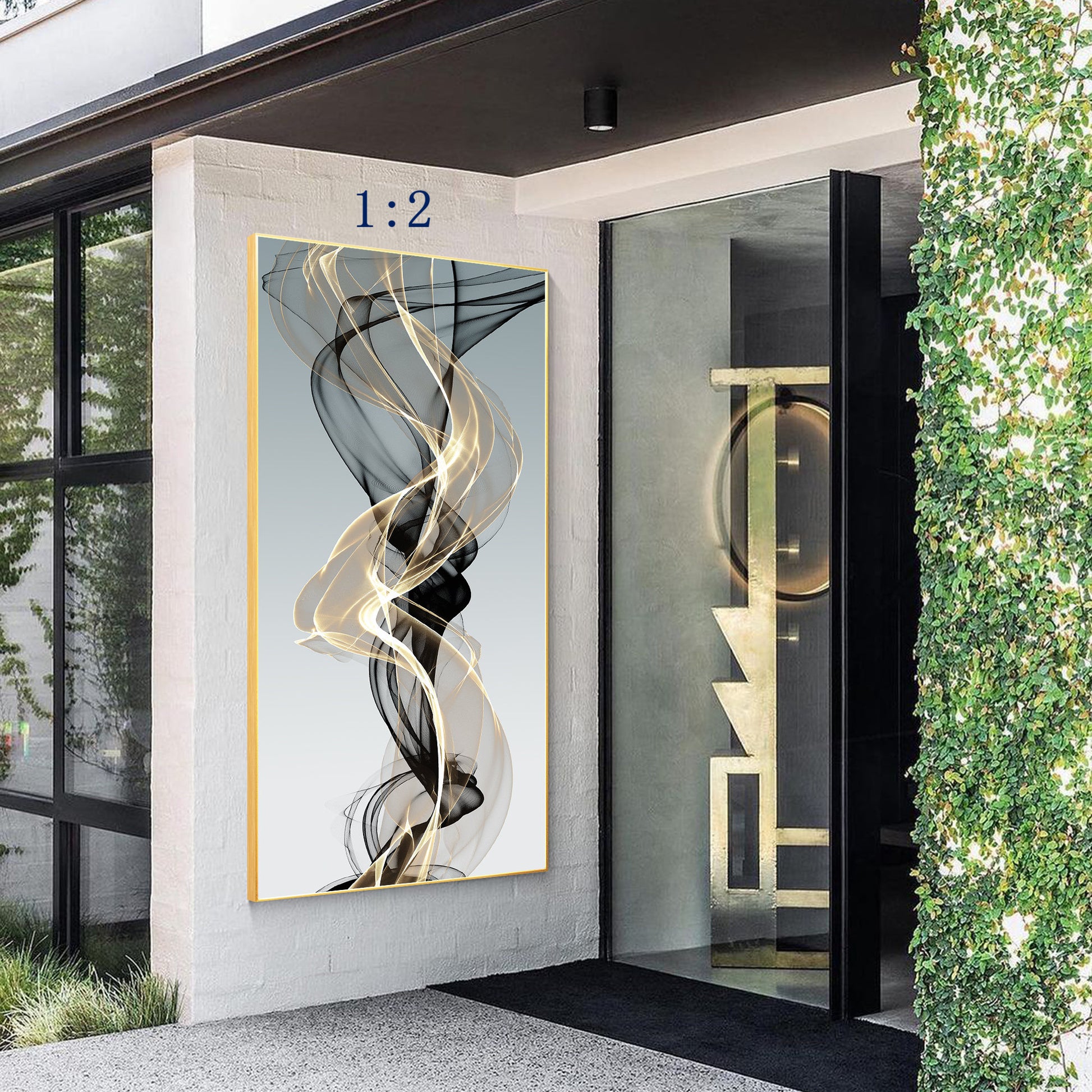 Black Gold Abstract Wall Art Vertical Canvas, Modern Swirl Ribbon Artwork, Luxur #3