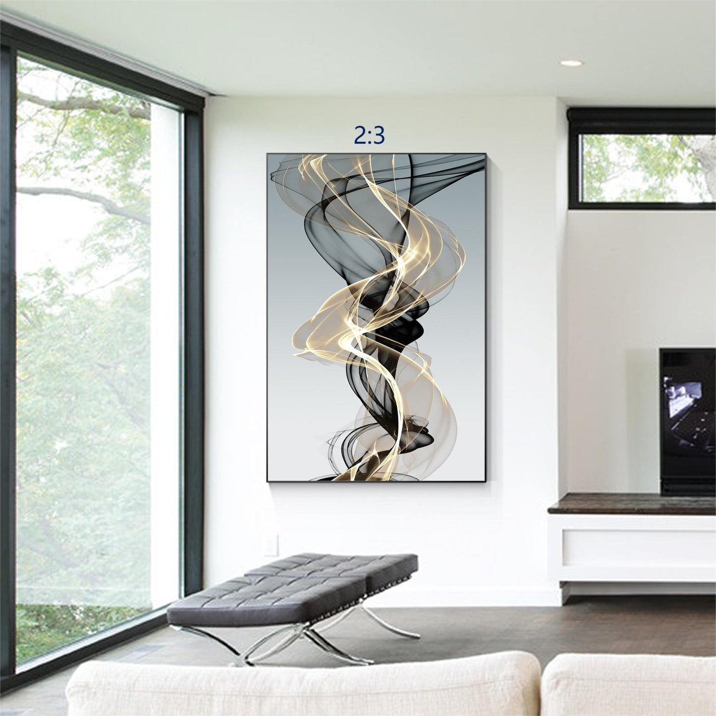 Black Gold Abstract Wall Art Vertical Canvas, Modern Swirl Ribbon Artwork, Luxur #4