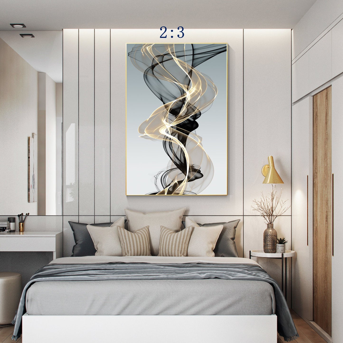 Black Gold Abstract Wall Art Vertical Canvas, Modern Swirl Ribbon Artwork, Luxur #5