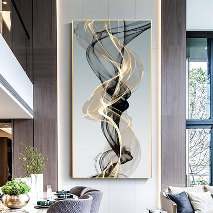 Black Gold Abstract Wall Art Vertical Canvas, Modern Swirl Ribbon Artwork, Luxur #1
