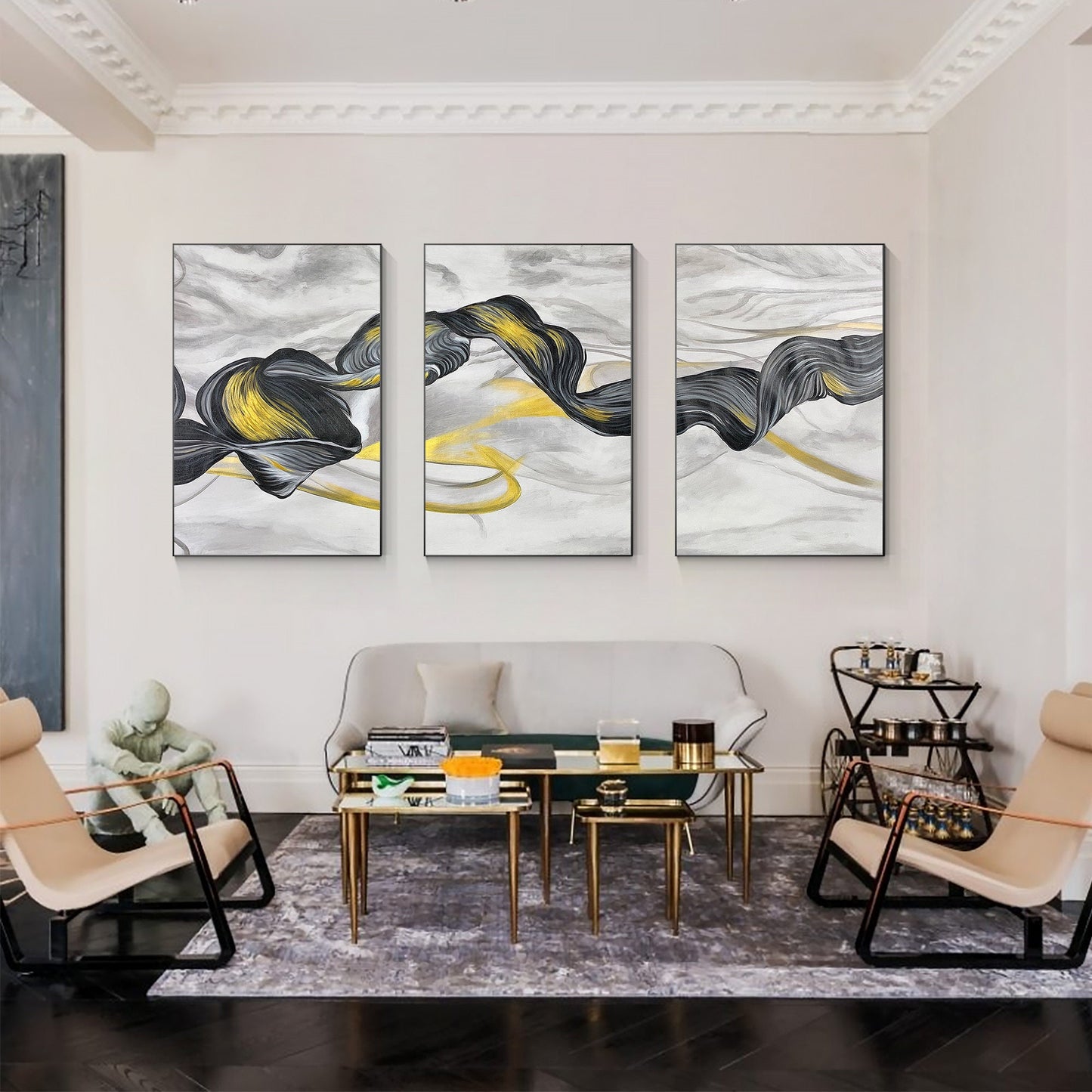 Black Gold Ribbon Painting: Set of 3 Abstract Canvas Wall Art #2