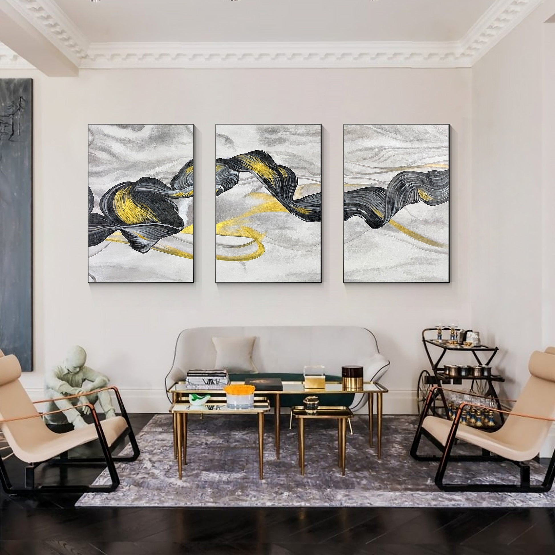 Black Gold Ribbon Painting: Set of 3 Abstract Canvas Wall Art #2
