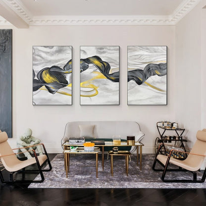 Black Gold Ribbon Painting: Set of 3 Abstract Canvas Wall Art #2