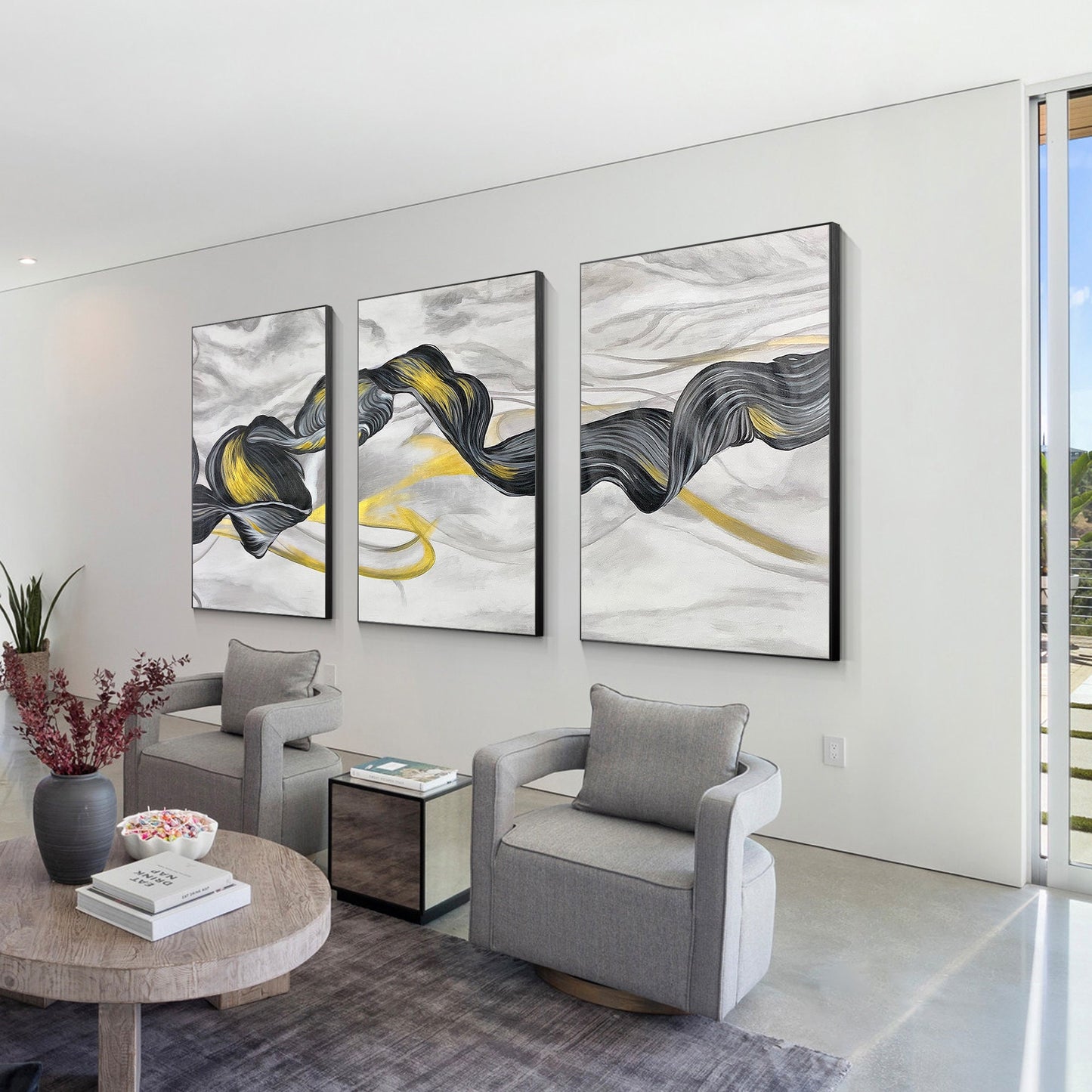 Black Gold Ribbon Painting: Set of 3 Abstract Canvas Wall Art #3