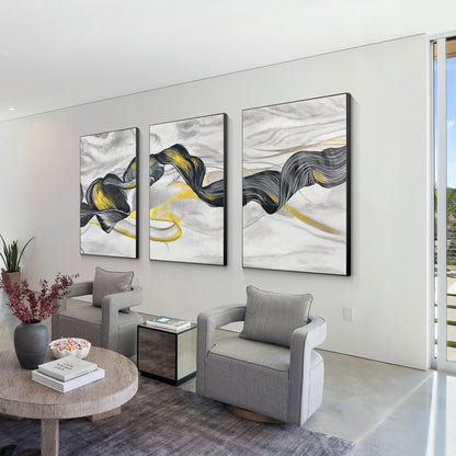 Black Gold Ribbon Painting: Set of 3 Abstract Canvas Wall Art #3