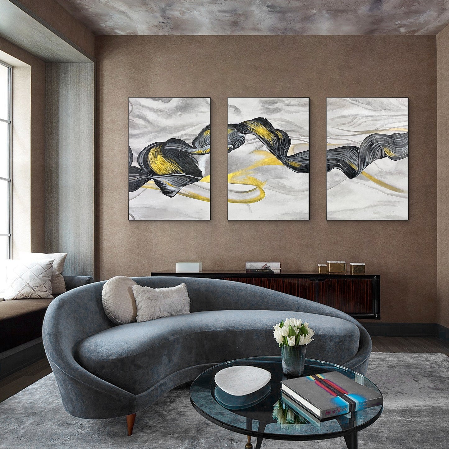 Black Gold Ribbon Painting: Set of 3 Abstract Canvas Wall Art #4