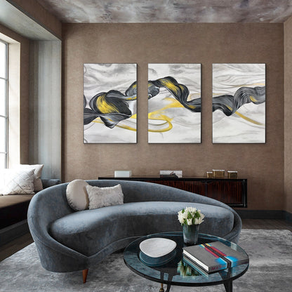 Black Gold Ribbon Painting: Set of 3 Abstract Canvas Wall Art #4