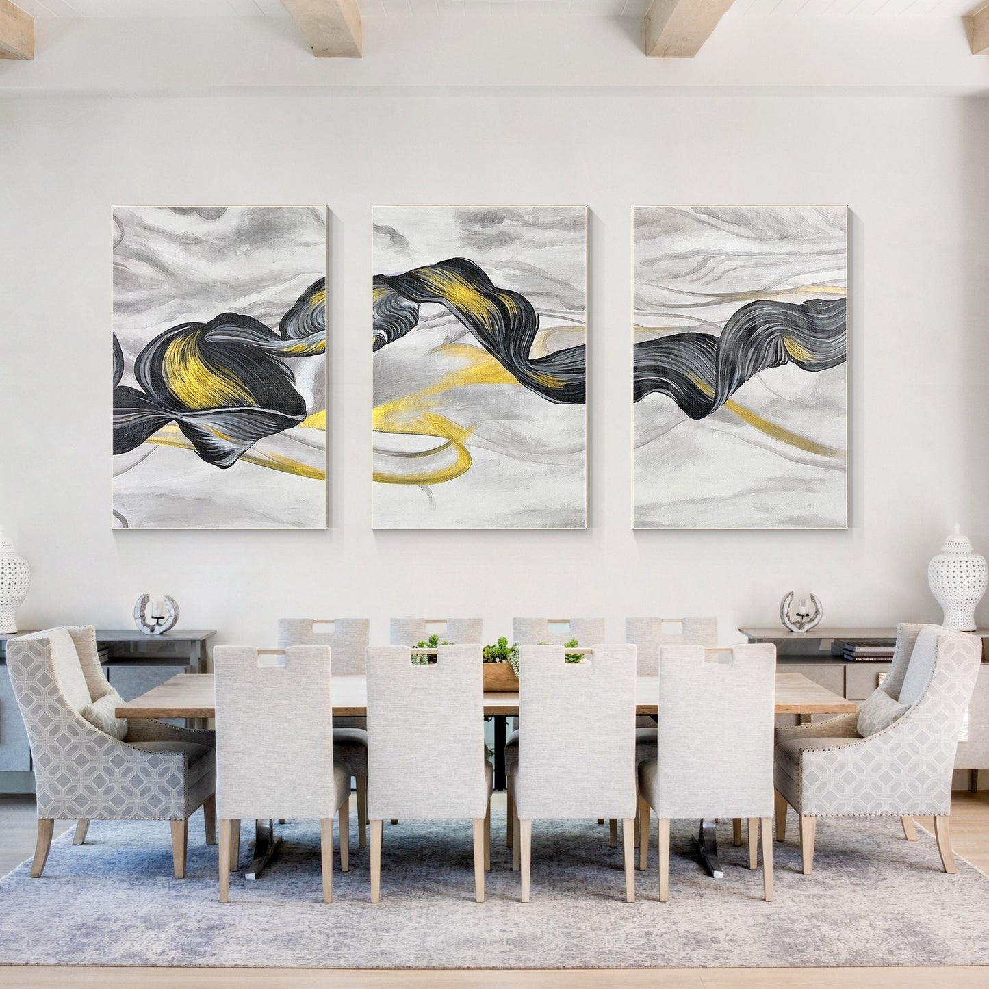 Black Gold Ribbon Painting: Set of 3 Abstract Canvas Wall Art #5