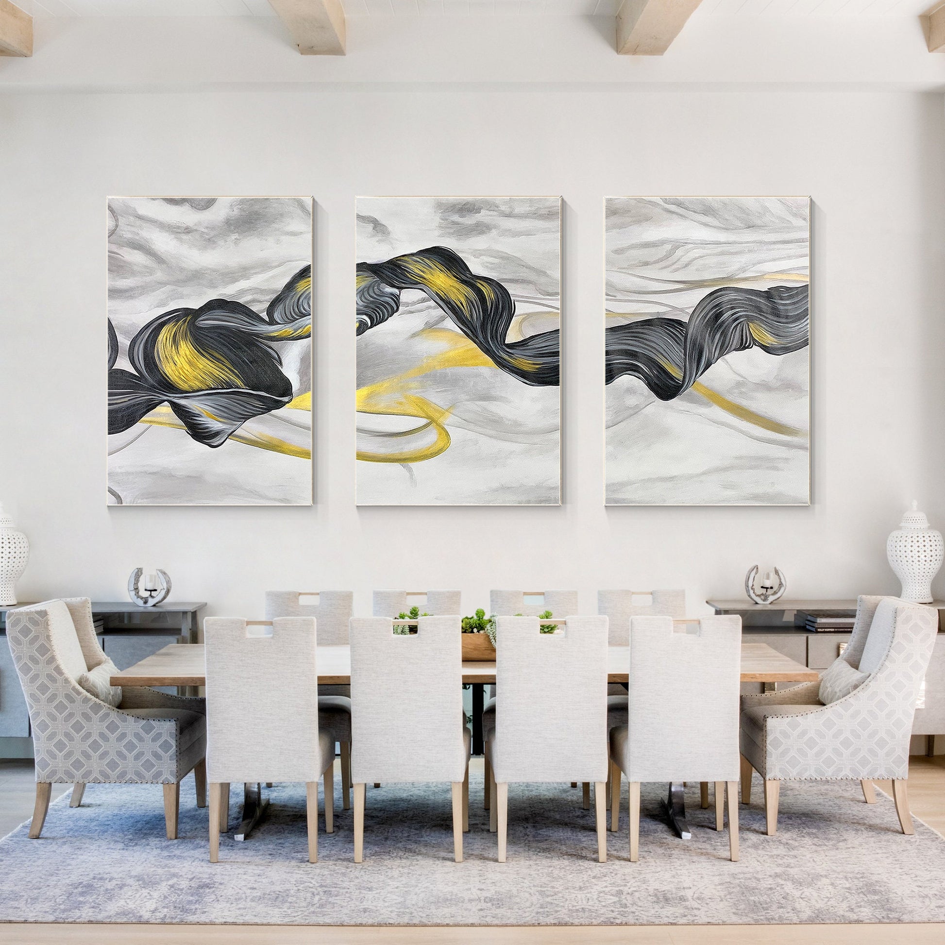 Black Gold Ribbon Painting: Set of 3 Abstract Canvas Wall Art #5