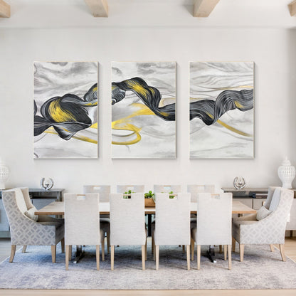Black Gold Ribbon Painting: Set of 3 Abstract Canvas Wall Art #5