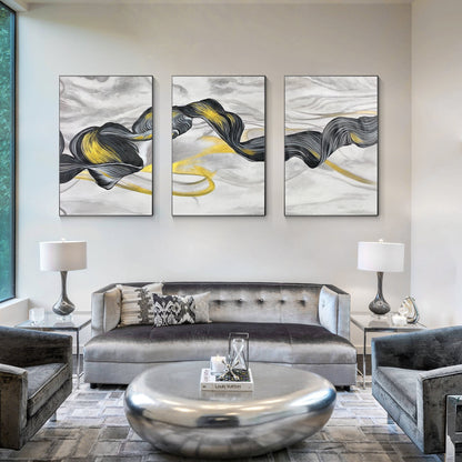 Black Gold Ribbon Painting: Set of 3 Abstract Canvas Wall Art #1