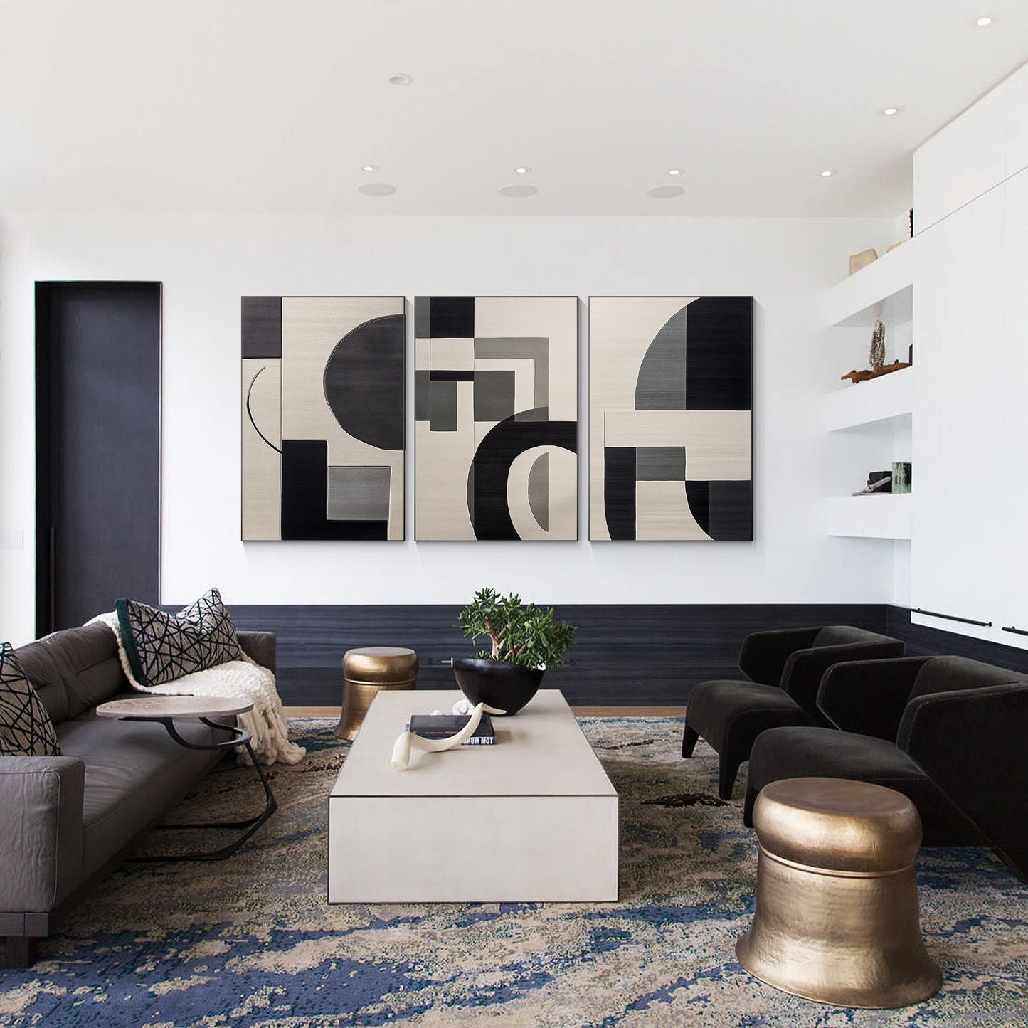 Black Gray Abstract Geometric Painting Set: Modern Canvas Wall Art #3