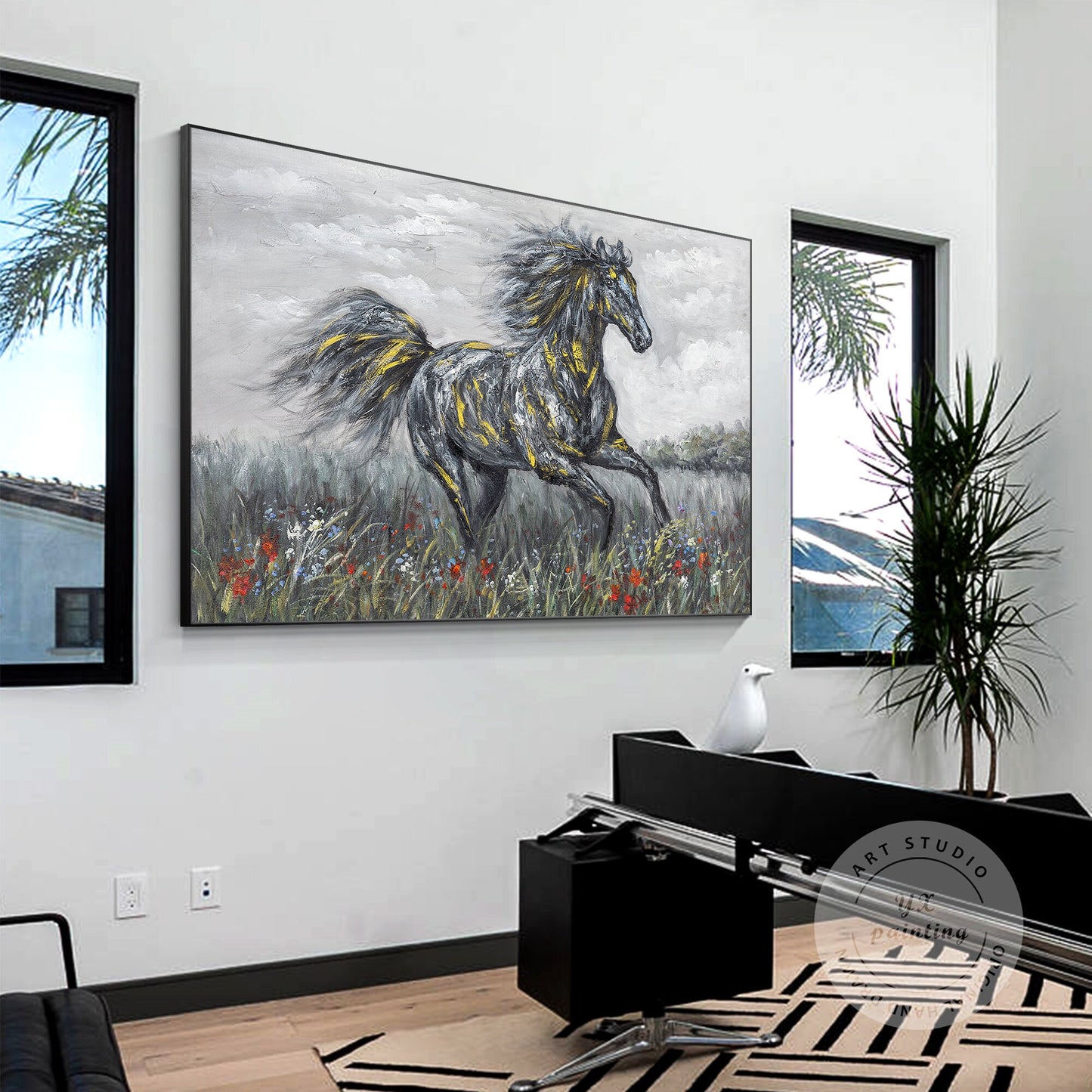 Black Gray Horse Painting Original Painting On Canvas, Horizontal Horse Wall Art #2