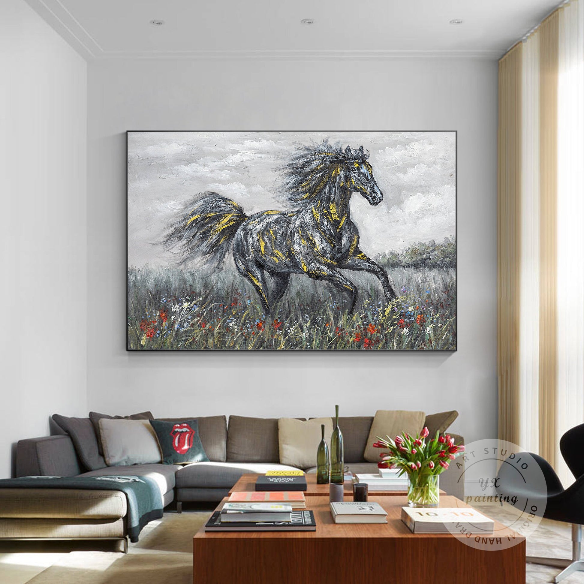 Black Gray Horse Painting Original Painting On Canvas, Horizontal Horse Wall Art #3