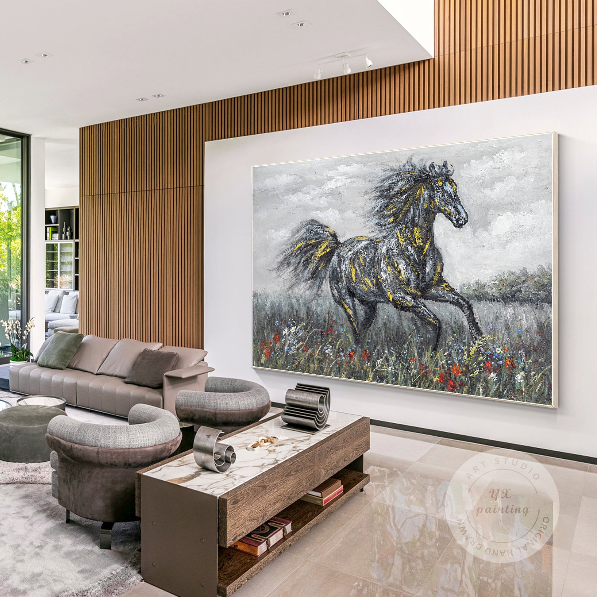 Black Gray Horse Painting Original Painting On Canvas, Horizontal Horse Wall Art #4