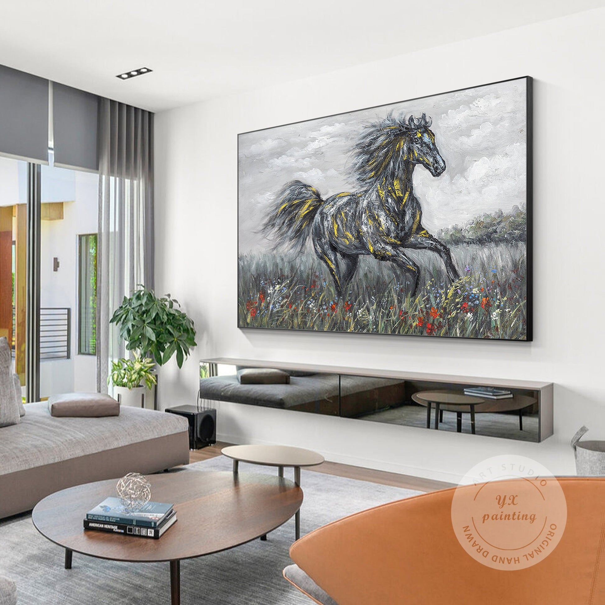 Black Gray Horse Painting Original Painting On Canvas, Horizontal Horse Wall Art #5