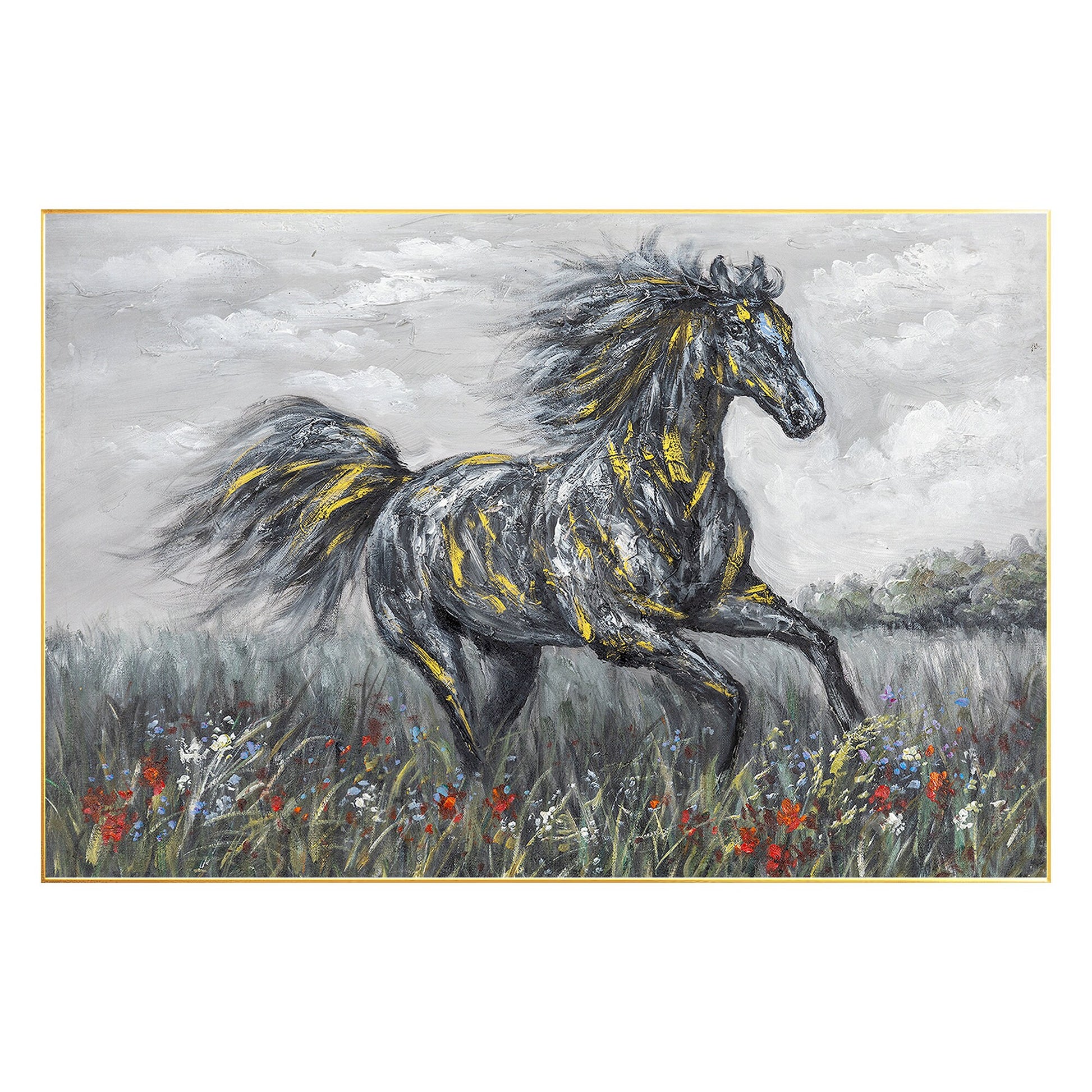 Black Gray Horse Painting Original Painting On Canvas, Horizontal Horse Wall Art #8