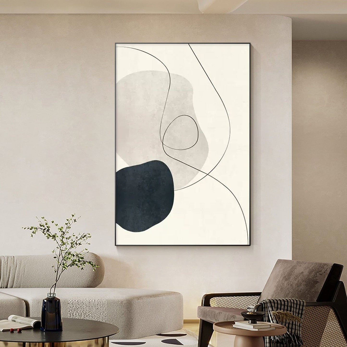 Black & Gray Wabi Sabi Painting: Minimalist Framed Canvas Wall Art #1