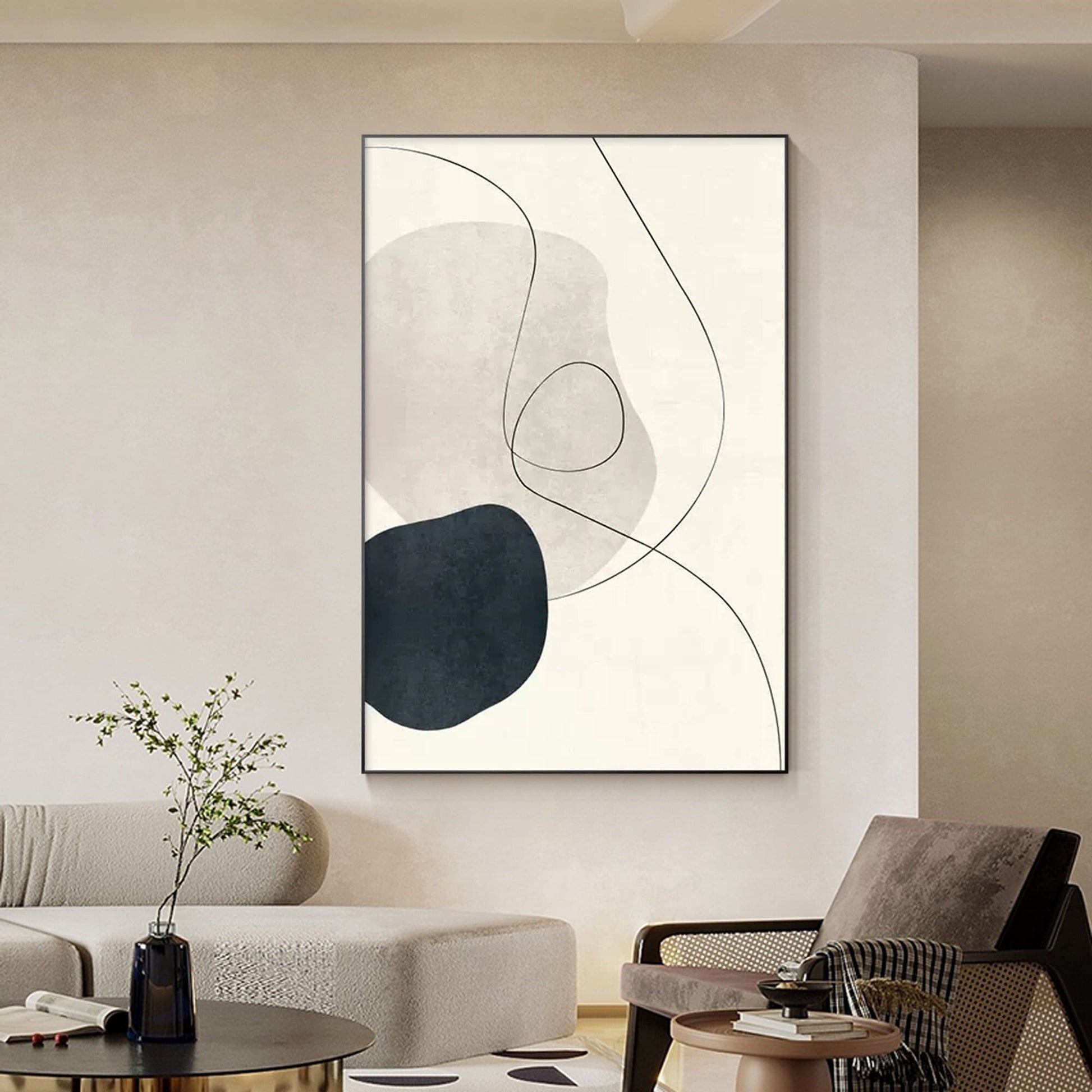 Black & Gray Wabi Sabi Painting: Minimalist Framed Canvas Wall Art #1