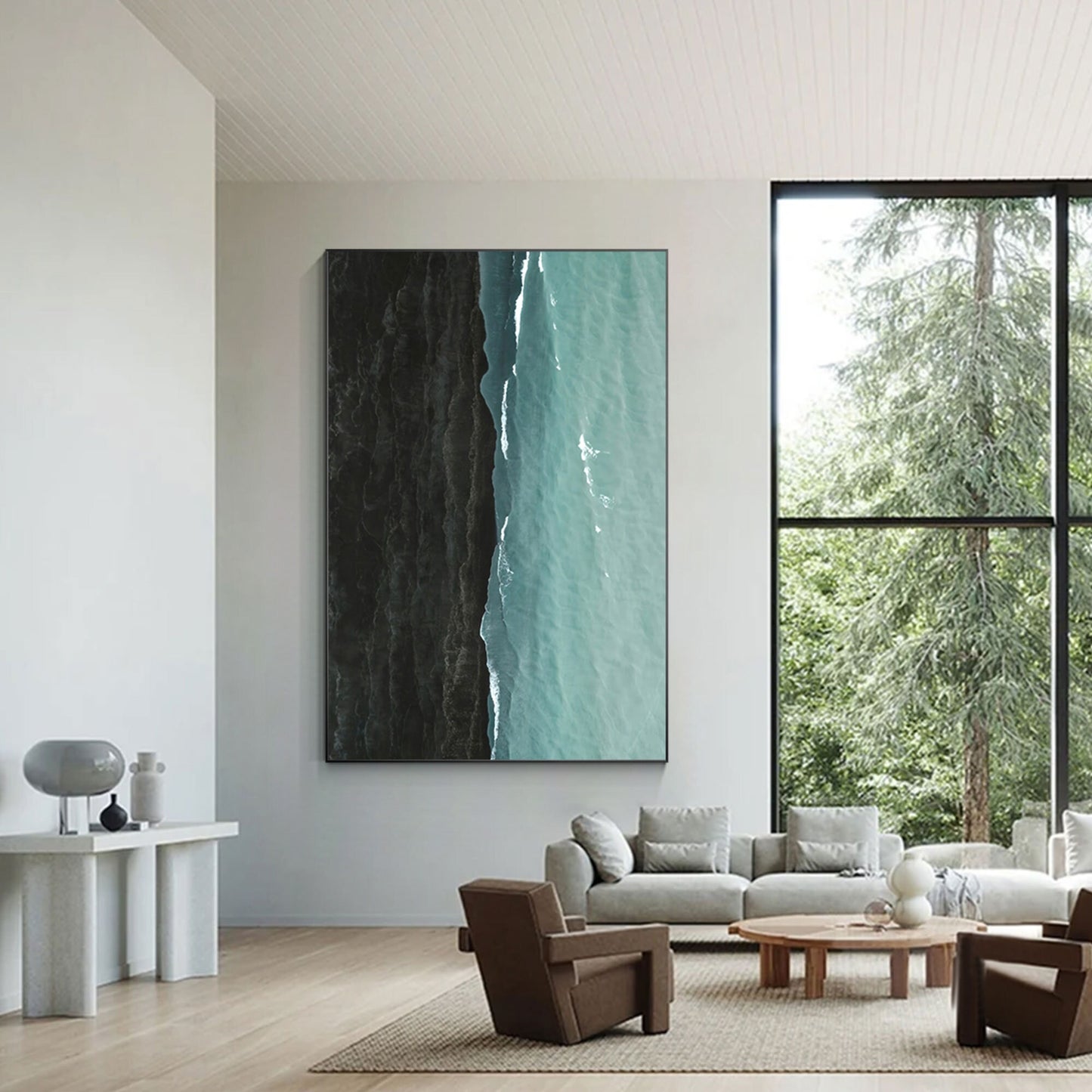 Black Teal Seascape Painting: Minimalist Ocean Canvas Wall Art #2