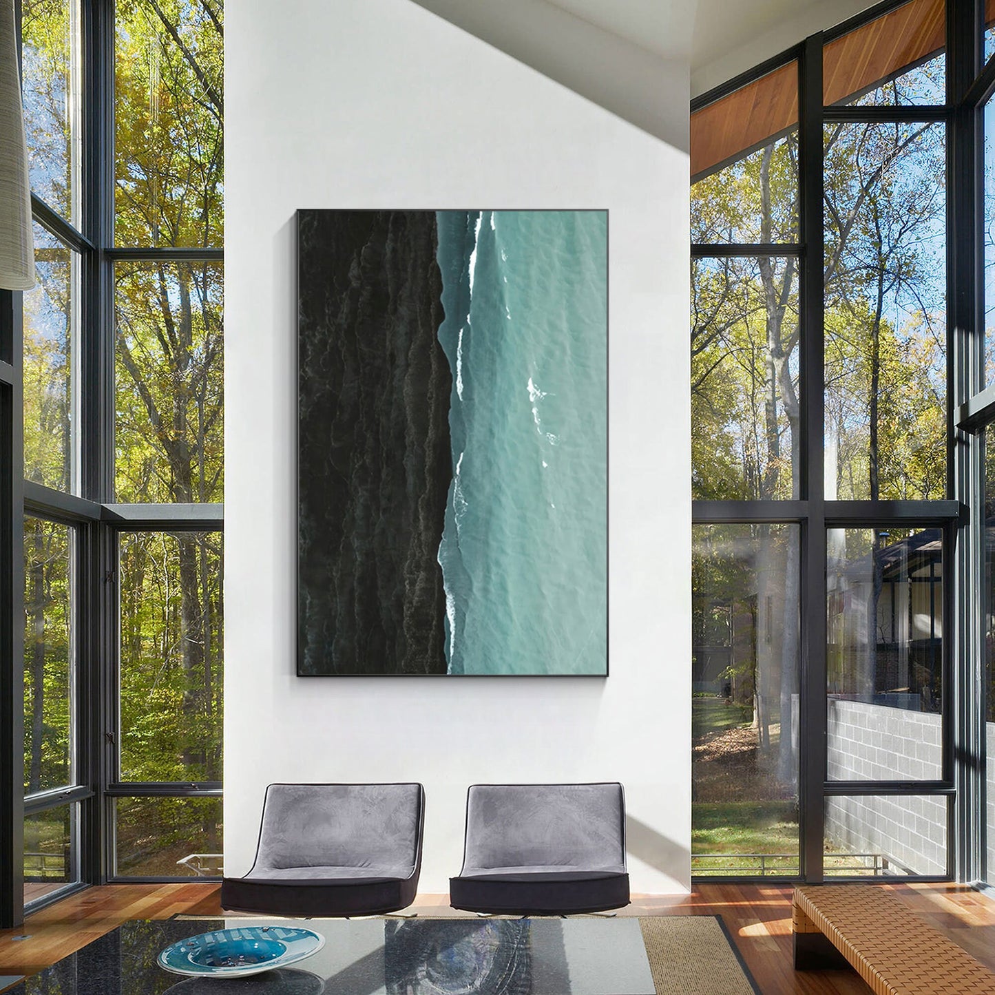Black Teal Seascape Painting: Minimalist Ocean Canvas Wall Art #5