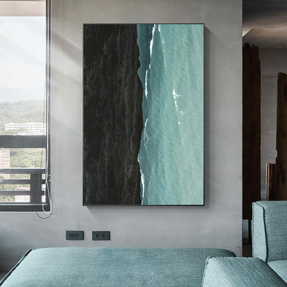 Black Teal Seascape Painting: Minimalist Ocean Canvas Wall Art #1