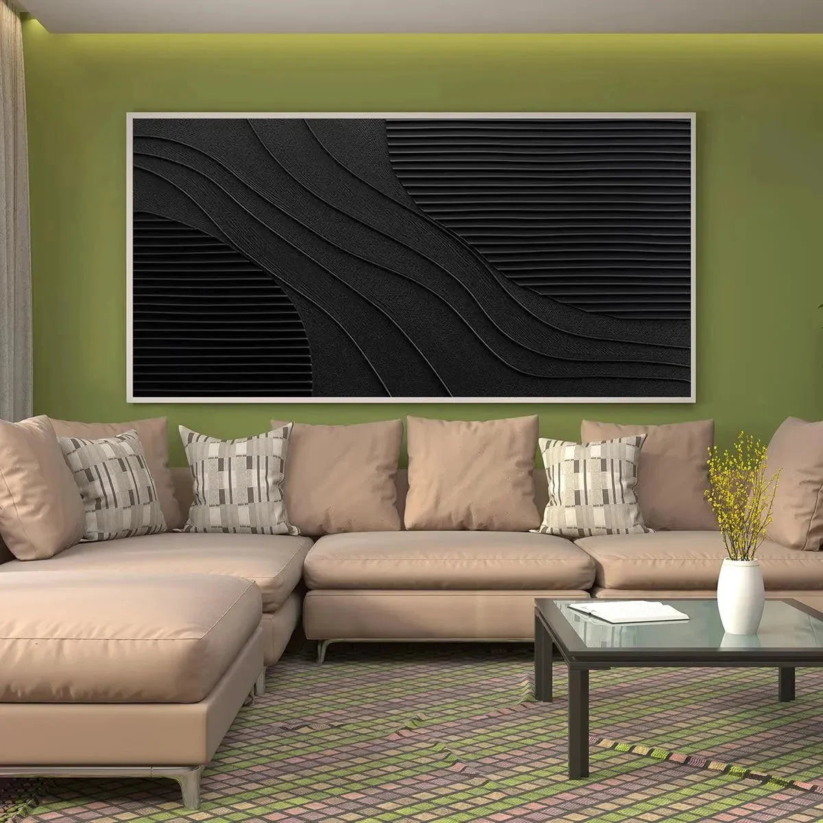 BLACK TEXTURE: Minimalist Textured Painting in Black | gold frame stretched on neutral wall