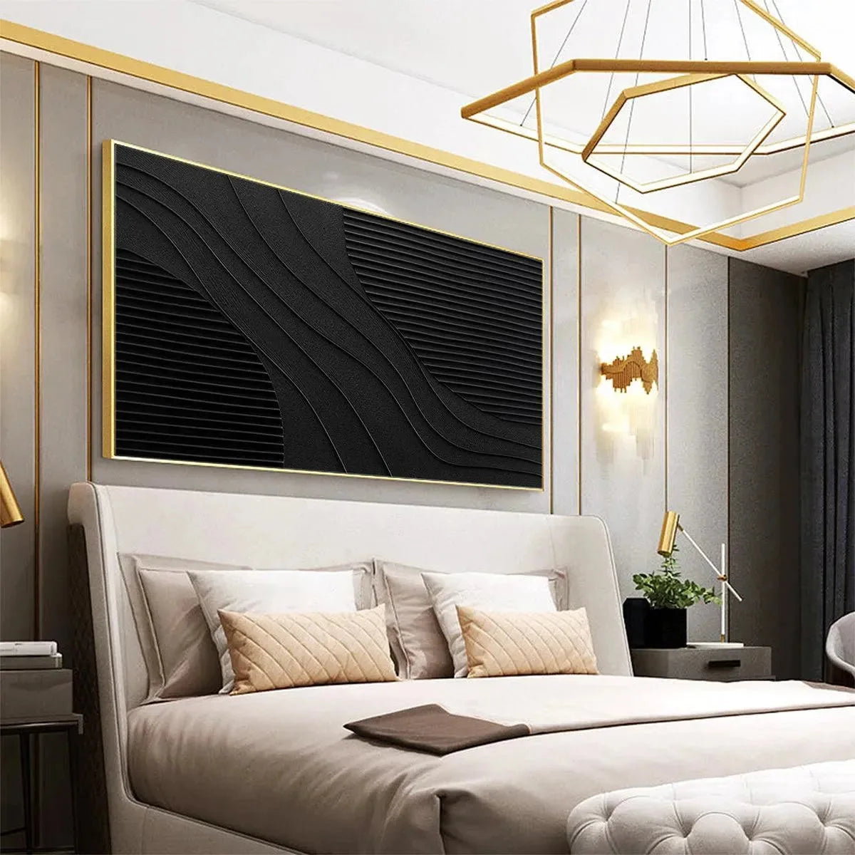BLACK TEXTURE: Minimalist Textured Painting in Black | black frame version on white wall
