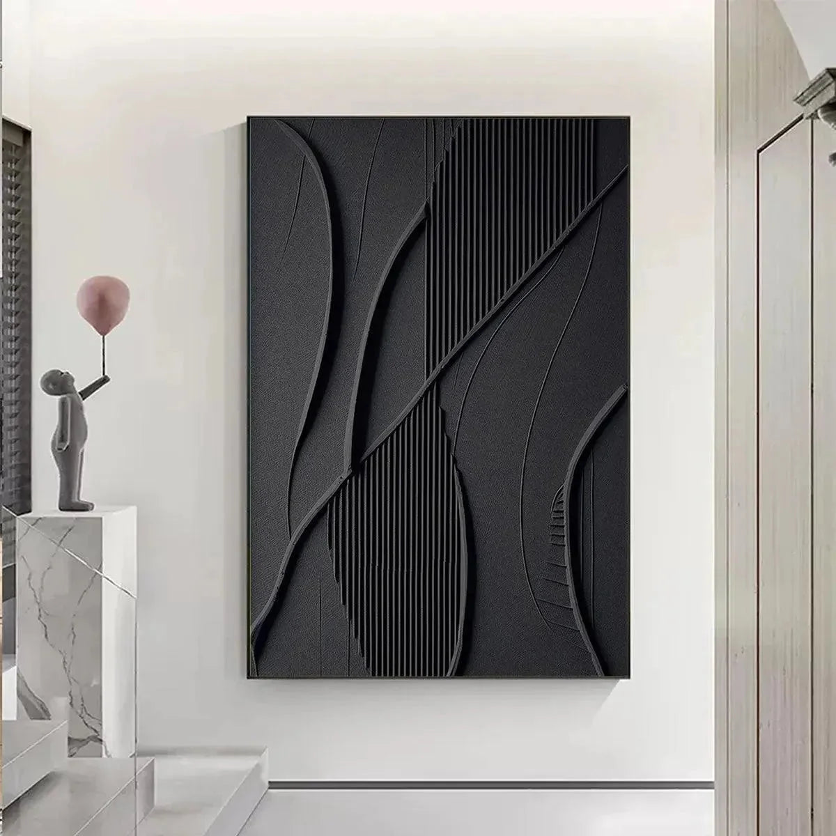 BLACK TEXTURED ABSTRACT: Minimalist Textured Painting in Black | minimalist abstract closeup, raised brushwork detail