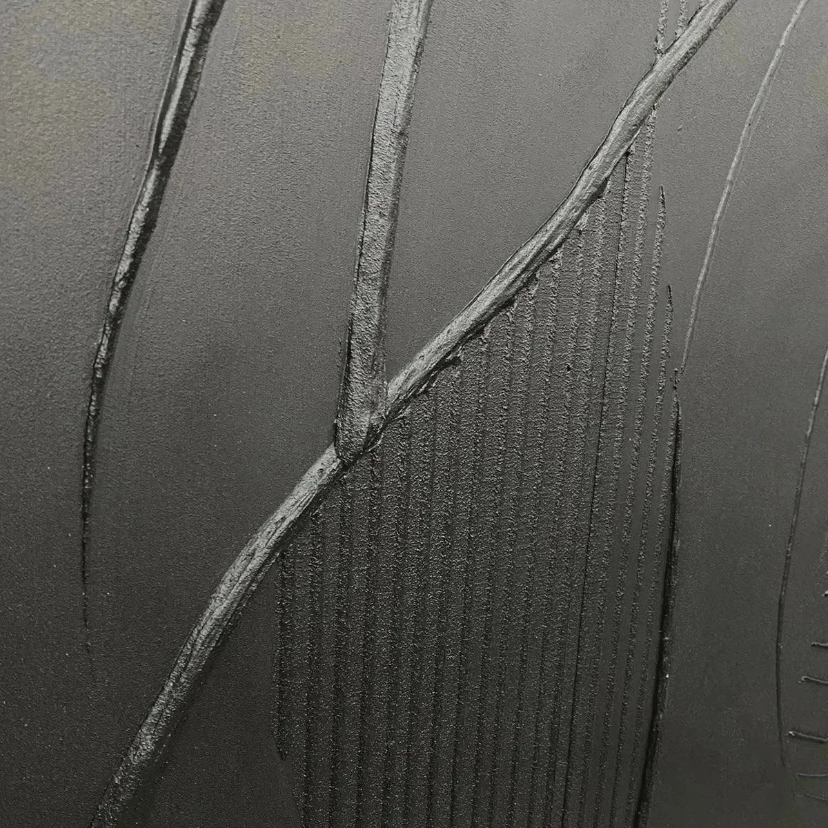 BLACK TEXTURED ABSTRACT: Minimalist Textured Painting in Black | gold frame stretched on neutral wall