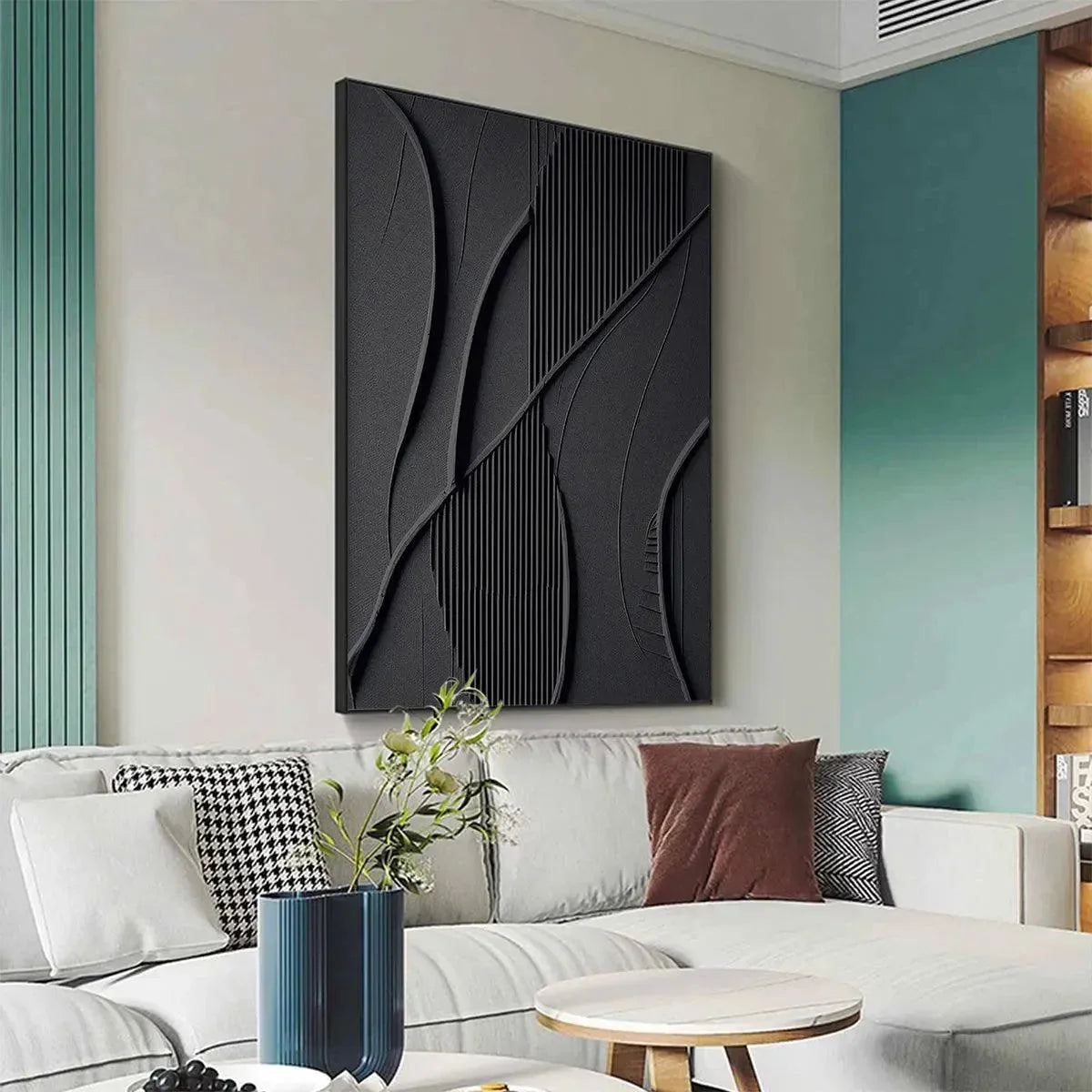 BLACK TEXTURED ABSTRACT: Minimalist Textured Painting in Black | black frame version on white wall