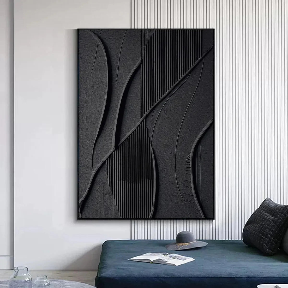 BLACK TEXTURED ABSTRACT: Minimalist Textured Painting in Black | minimalist abstract mood, soft natural light studio shot