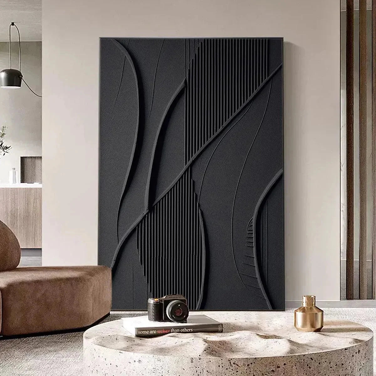 BLACK TEXTURED ABSTRACT: Minimalist Textured Painting in Black | beige palette, original study art