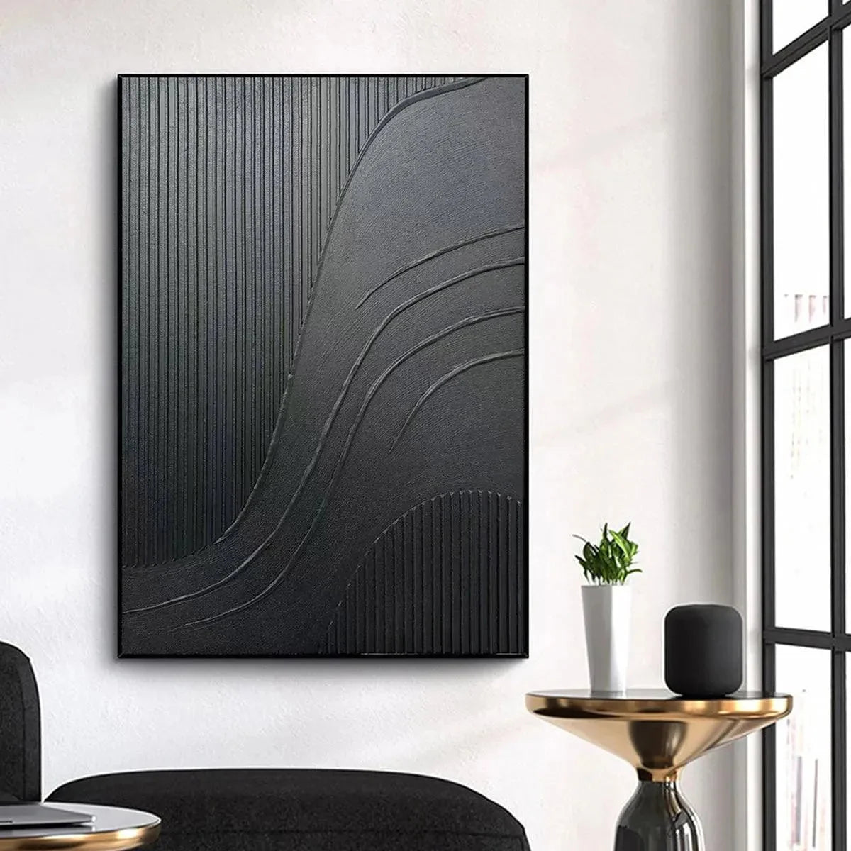 BLACK TEXTURED CURVES: Minimalist Textured Abstract Painting | Minimalist closeup, raised brushwork detail