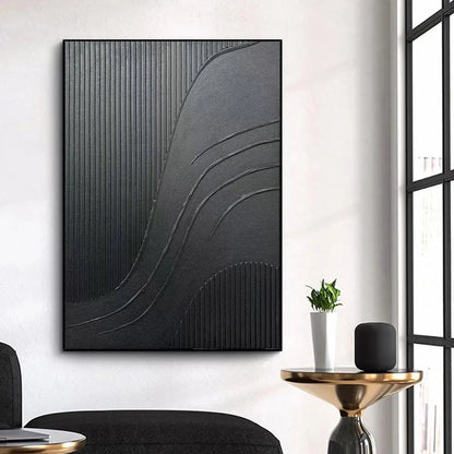 BLACK TEXTURED CURVES: Minimalist Textured Abstract Painting | Minimalist closeup, raised brushwork detail