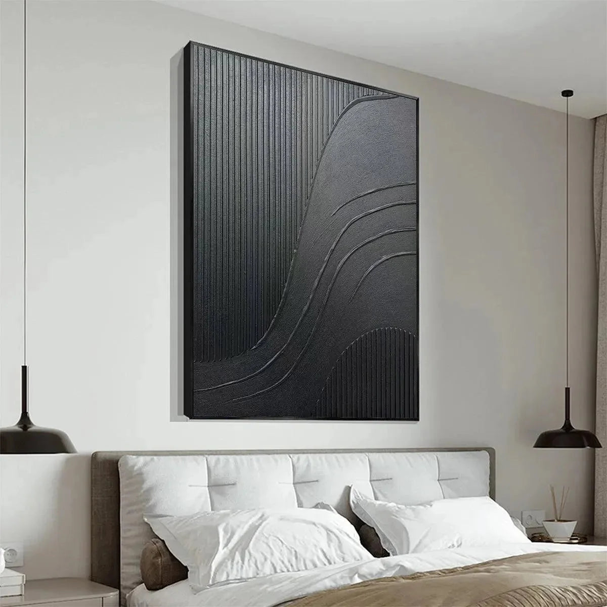 BLACK TEXTURED CURVES: Minimalist Textured Abstract Painting | rectangular format, hand-painted canvas edge