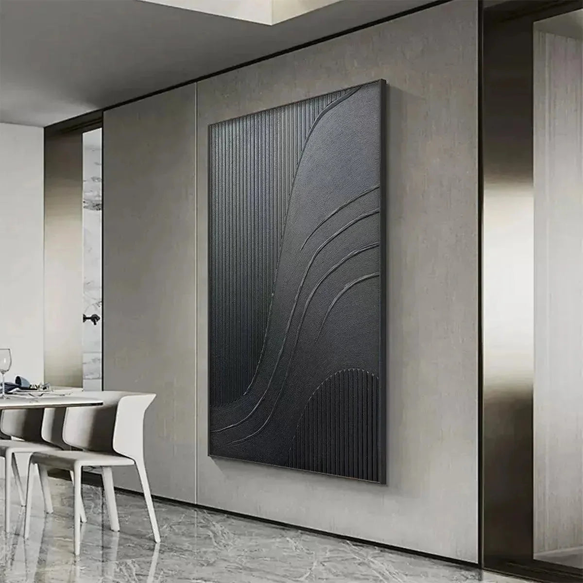 BLACK TEXTURED CURVES: Minimalist Textured Abstract Painting | rolled canvas, ready for custom framing
