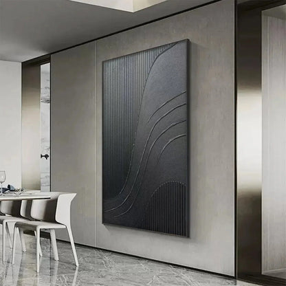 BLACK TEXTURED CURVES: Minimalist Textured Abstract Painting | rolled canvas, ready for custom framing