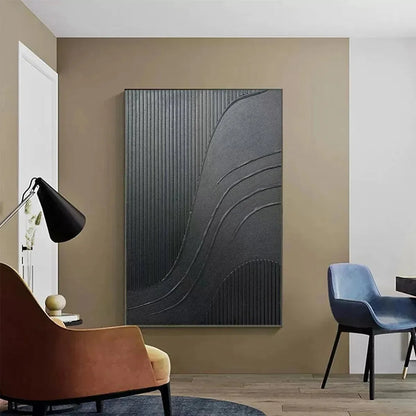 BLACK TEXTURED CURVES: Minimalist Textured Abstract Painting | black frame version on white wall