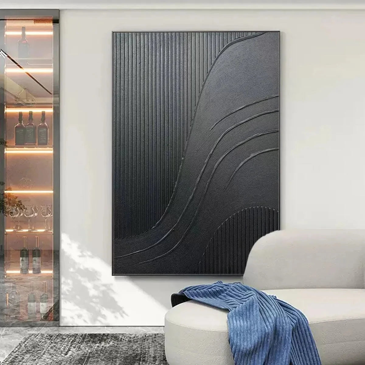 BLACK TEXTURED CURVES: Minimalist Textured Abstract Painting | beige palette, original Hand-painted on premium stretched canvas using artist-grade oils; rich layered surface combines smooth gradien...