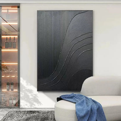 BLACK TEXTURED CURVES: Minimalist Textured Abstract Painting | beige palette, original Hand-painted on premium stretched canvas using artist-grade oils; rich layered surface combines smooth gradien...