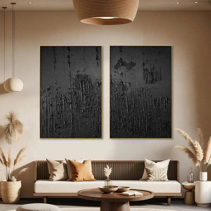 BLACK TEXTURED DIPTYCH: Textured Abstract Painting in Black | textured abstract closeup, raised brushwork detail