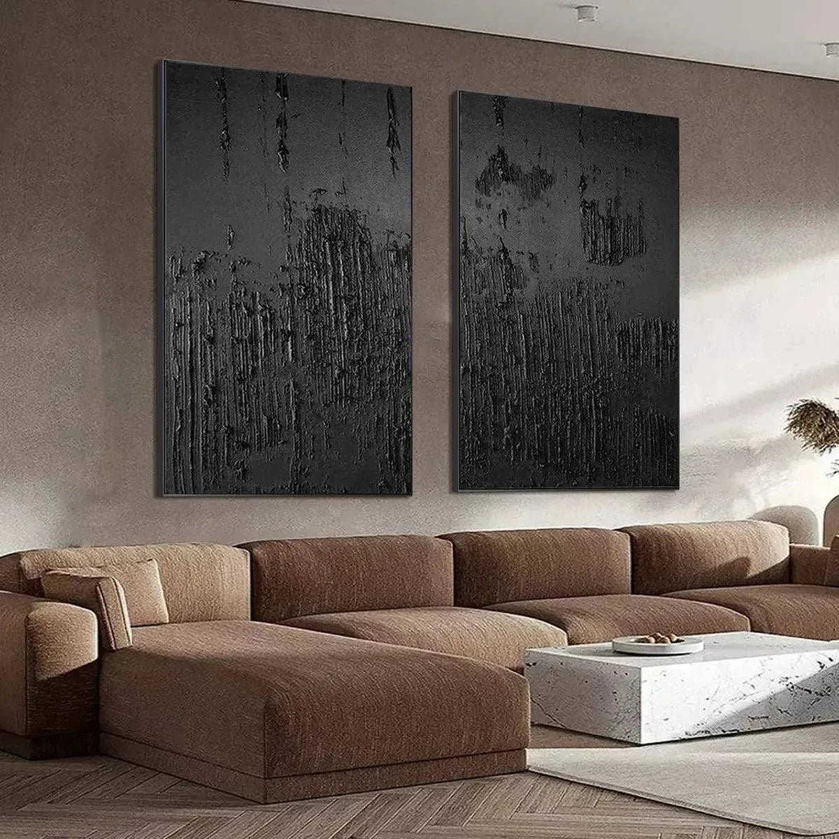 BLACK TEXTURED DIPTYCH: Textured Abstract Painting in Black | rectangular format, hand-painted canvas edge