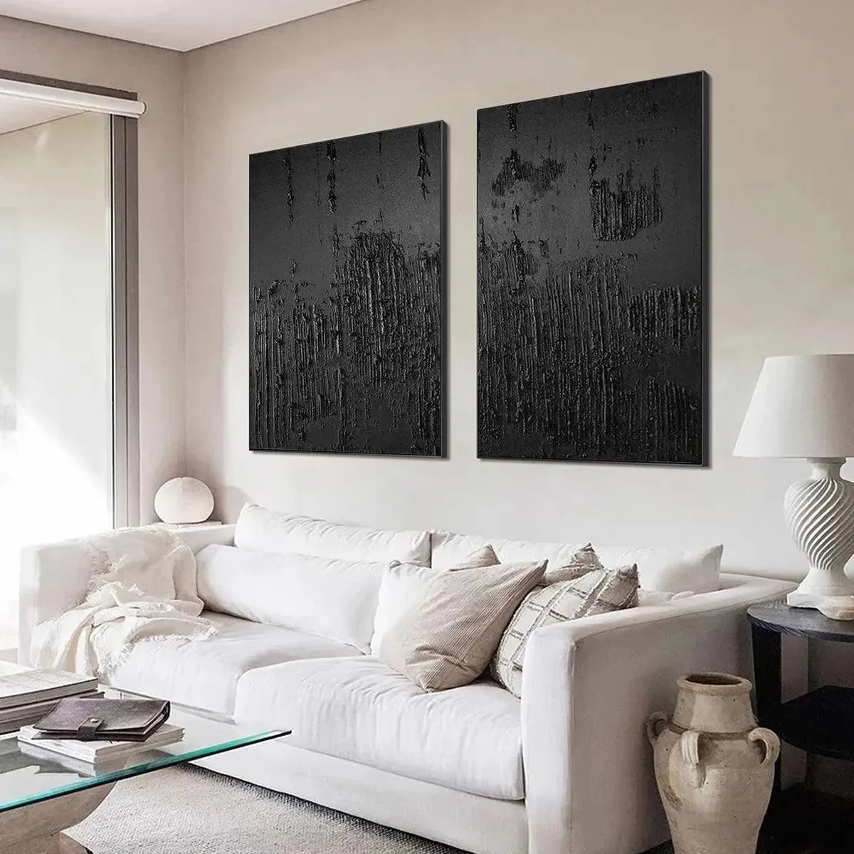 BLACK TEXTURED DIPTYCH: Textured Abstract Painting in Black | rolled canvas, ready for custom framing