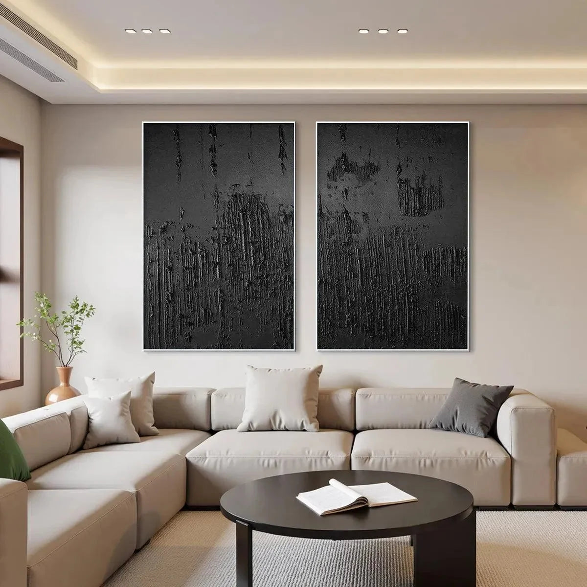 BLACK TEXTURED DIPTYCH: Textured Abstract Painting in Black | black frame version on white wall